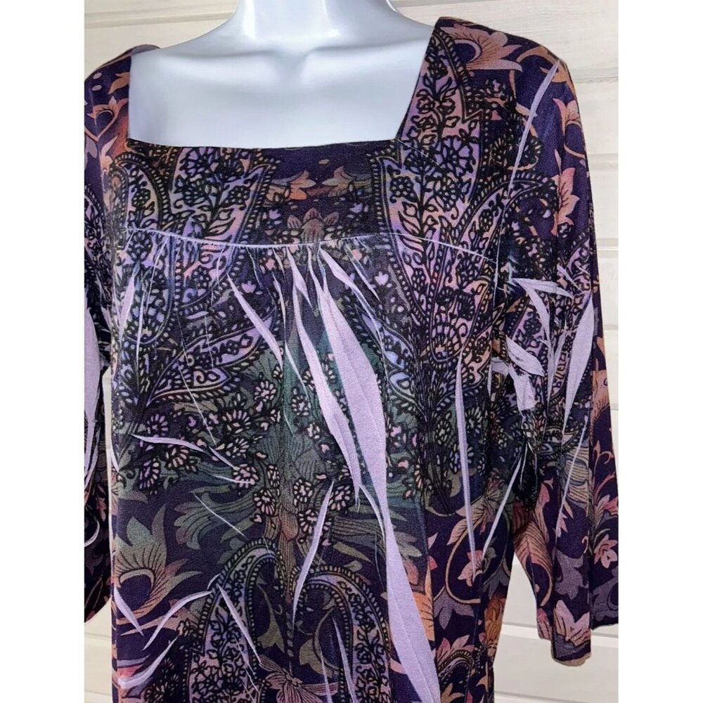 Jane Ashley Sz MEDIUM Floral Paisley Tunic Top Square Neck Knit Purple Peach EUC